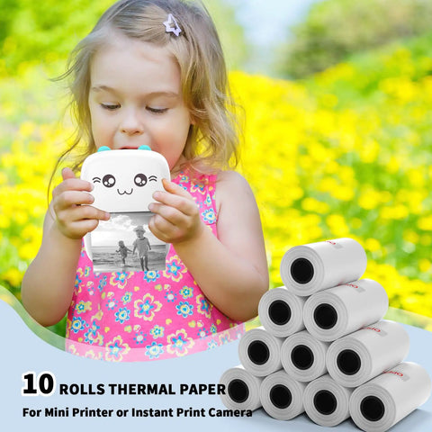 57mm Thermal Paper Rolls, White, Non Adhesive, 10 Roll Pack For Mini Printers And Instant Cams, 8.5m Each Roll, 30mm Diameter Core 0.6in, BPA/BPS Free, Fade Resistant, Images Last Up To 10 Years, child using mini printer in garden
