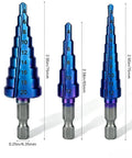 Built Tough 3 Piece Titanium Coated HSS Step Drill Bit Set showing three sizes and markings for precise drilling on various materials.