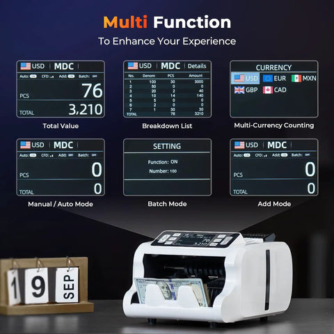 Munbyn Imc09 Mixed Denomination Money Counter For USD Eur Cad Mxn Bills With Multi Currency Value Counting And Uv Mg Ir Mt Detectors Including 3 Point Five Inch Tft Display Bright White Finish on display with settings.