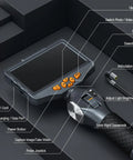 Two Way Articulating Borescope with Light, 5 Inch IPS Endoscope Camera, showing controls and semi-rigid gooseneck probe