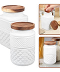 Premium Heavy Duty Frosted Glass Coffee Storage Jars With Airtight Wooden Lid in white with textured design and wooden lids.