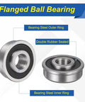 8-Pack Flanged Ball Bearings 1/2 In Bore 1-3/8 In OD 1/2 In Width Sealed Deep Groove Precision Replace For Lawn Mower Wheelbarrow Cart Hand Trolley Durable Steel Bearings For Easy Fit And Long Life, sealed steel bearing shown in front and side view