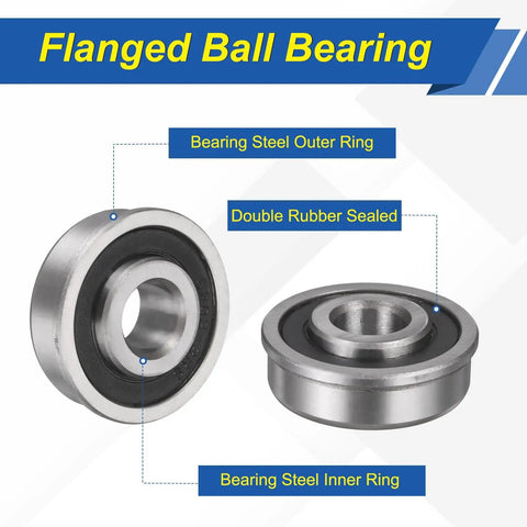 8-Pack Flanged Ball Bearings 1/2 In Bore 1-3/8 In OD 1/2 In Width Sealed Deep Groove Precision Replace For Lawn Mower Wheelbarrow Cart Hand Trolley Durable Steel Bearings For Easy Fit And Long Life, sealed steel bearing shown in front and side view