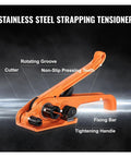 Heavy Duty Manual Strapping Machine Kit For PP Tape Packing Pliers With 100 Metal Seals showing stainless steel strapping tensioner with orange handle.