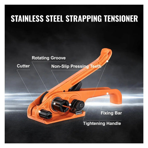 Heavy Duty Manual Strapping Machine Kit For PP Tape Packing Pliers With 100 Metal Seals showing stainless steel strapping tensioner with orange handle.