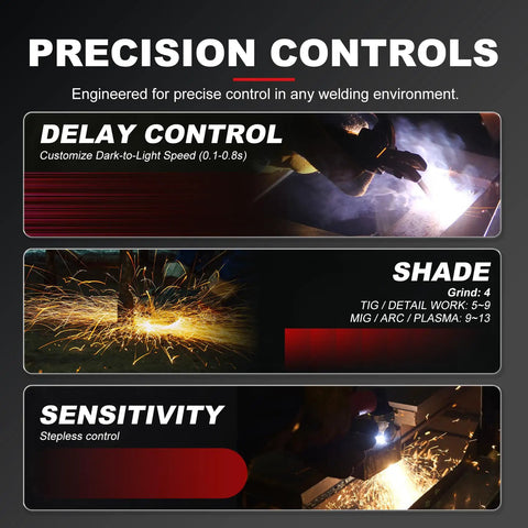 Precision control features of Auto Darkening Welding Helmet With Large 3.94 By 2.64 Inch Viewing Window True Color Lens Four Arc Sensors.