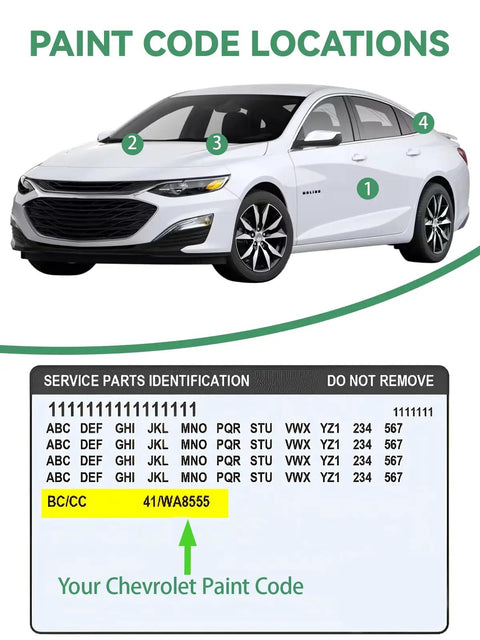 Chevrolet car with paint code locations highlighted, featuring instructions on identifying your Chevrolet paint code.