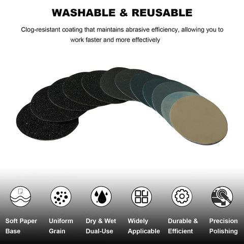 120 Piece 2 Inch Wet Dry Sanding Disc Set with 60 Through 10000 Grit Silicon Carbide, hook and loop surface displayed
