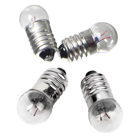 Snag This Slick Ten Pack Of E10 3.8v Warm White Miniature Screw Base Bulbs Ideal For Flashlight Refills And Panel Gauges - E10 bulbs, top view, transparent glass, shiny screw base.