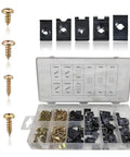 Auto Barn Essential 170 Piece Car Screw Clips Kit With Durable Bracket Fasteners And Door Panel Retaining Grommets in clear organizer.