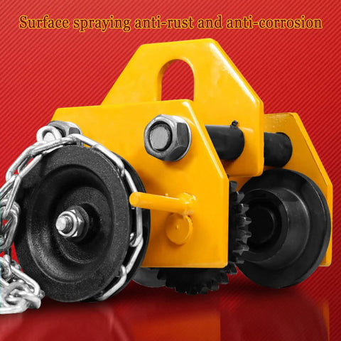 Close-up of Heavy Duty Manual Chain Trolley For Gantry Crane Hoist featuring anti-rust yellow frame and adjustable I beam rollers.