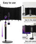 High Density 5 Panel Microphone Isolation Shield With Desktop Mic Stand For Home Studio Recording, showing setup options.