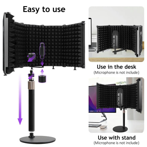 High Density 5 Panel Microphone Isolation Shield With Desktop Mic Stand For Home Studio Recording, showing setup options.