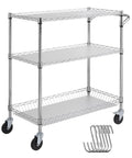 Heavy-Duty 3-Tier Kitchen Utility Cart On Wheels With 661 Lbs Capacity, Steel Wire Shelves, Deep Basket, Curved Handle, PP Liner, 6 Hooks