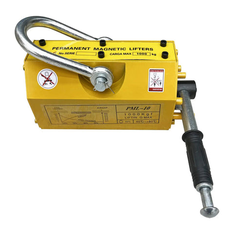 Hardcore Heavy Duty Magnetic Lifter With Sure Grip Release Handle And 2200 Lbs Capacity solid yellow body and steel handle for lifting steel plates.