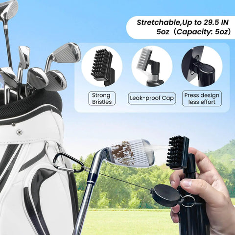 Hand holding Leak Proof Golf Club Cleaner With Stretchable Brush And Microfiber Towel Holds Five Ounces Of Water Non Leaking Spray Design Strong Bristles
