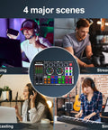 Collage showing Pro Live Audio Mixer with Built In DSP Card for Streaming Podcasting and Gaming All In One DJ Mixer in use