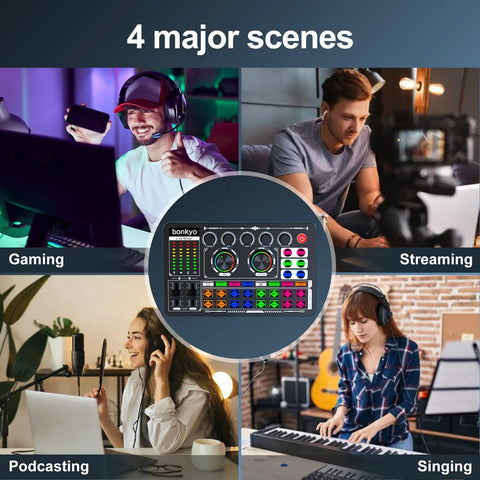 Collage showing Pro Live Audio Mixer with Built In DSP Card for Streaming Podcasting and Gaming All In One DJ Mixer in use