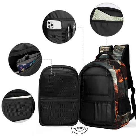 Interior pockets of Midnight Skull And Crow Print Backpack For Men And Women, large capacity with breathable straps and zipper.
