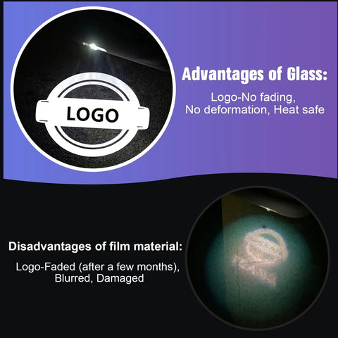 Comparison of glass vs film for No Fade Car Door Lights Logo Kit For Nissan Vehicles, LED Welcome Lights 2 Pack, showing logo clarity.