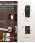 Door compatibility guide for Secure Pro Wi-Fi Deadbolt Smart Lock with exterior and interior measurements.