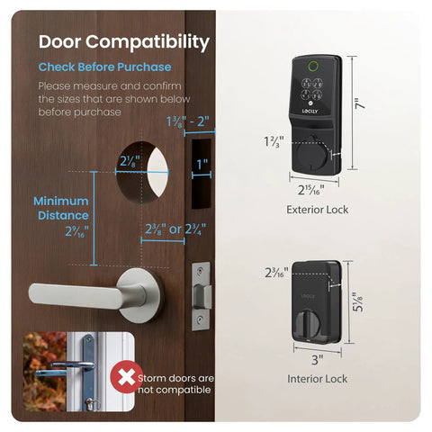 Door compatibility guide for Secure Pro Wi-Fi Deadbolt Smart Lock with exterior and interior measurements.