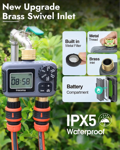 Two Zone Hose Timer With Brass Inlet And Outlet, Auto And Manual Modes, Rain Delay, IPX5 Waterproof in garden setting