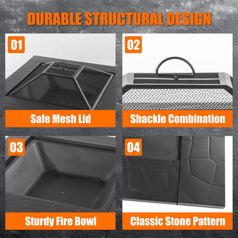 Close-up of 32 Inch Square Outdoor Fire Pit Table With Spark Screen And Fire Poker showing mesh lid and sturdy fire bowl