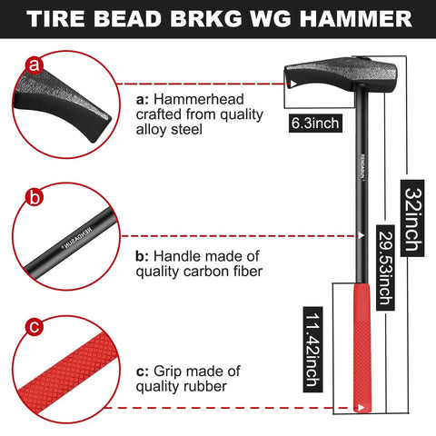Heavy Duty Bead Breaker Tool For Tire Removal And Maintenance Rugged Bead Breaking Wedge Built To Bust Beads On Trucks And Tractors Durable Tire Tool For Pros And DIY Gearheads A Real Workhorse For Everyday Tire Maintenance - Image showing 32-inch carbon fiber handle and alloy steel hammerhead illustration.