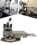 Universal AT300 Lathe Tool Post Assembly With 360 Degree Rotatable Tool Table shown in machine shop setup.