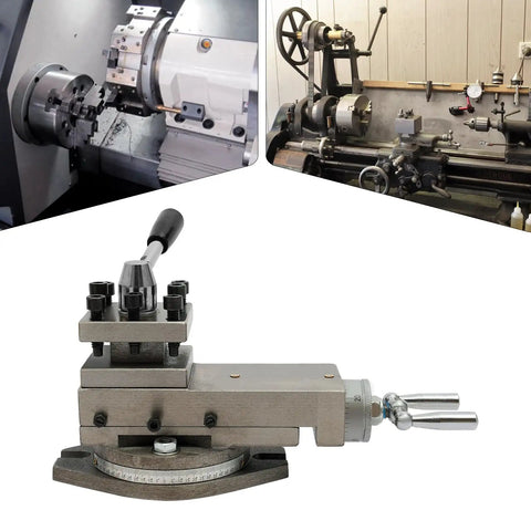 Universal AT300 Lathe Tool Post Assembly With 360 Degree Rotatable Tool Table shown in machine shop setup.
