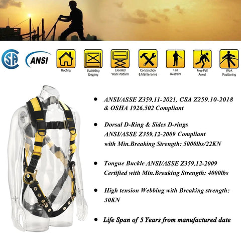 3D Rings Industrial Fall Protection Safety Harness With Leg Tongue Buckles And Shoulder Pad Support ANSI CSA Compliant Full Body Personal Protection Equipment For Tough Construction Worksites displayed with compliance icons.