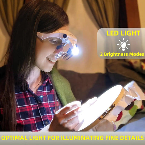 Woman using Lighted Magnifier Headset With Five Interchangeable Lenses for embroidery, LED light illuminating work area