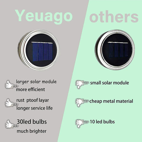Comparison of Solar Mason Jar Lid Lights highlighting larger module, rustproof layer, and 30 LEDs vs smaller module and 10 LEDs.