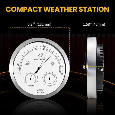Front and side view of Big Five Point Two Inch Dial All In One Weather Station With Barometer Thermometer And Hygrometer for wall mounting.