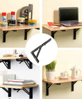 Heavy Duty Folding Shelf Brackets, 20 Inch 4 Pack Collapsible Wall Mounts supporting shelves with various items on a wall.