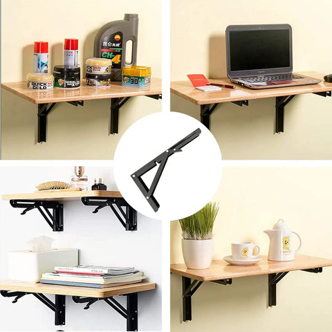 Heavy Duty Folding Shelf Brackets, 20 Inch 4 Pack Collapsible Wall Mounts supporting shelves with various items on a wall.