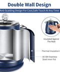 Stainless Steel Electric Kettle 1.8 Liter With Double Wall And Cool Touch Exterior Auto Shut Off Blue Finish cutaway view