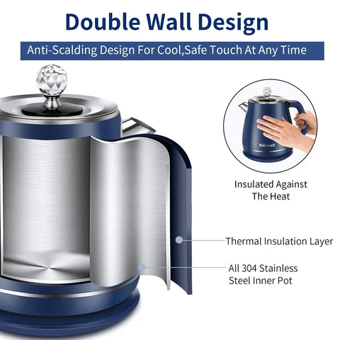 Stainless Steel Electric Kettle 1.8 Liter With Double Wall And Cool Touch Exterior Auto Shut Off Blue Finish cutaway view