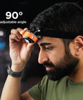 Man adjusting Rechargeable LED Headlamp With Wave Sensor Two Pack Ultra Bright 1000 Lumens Dual Beam Spotlight on head, 90-degree tilt