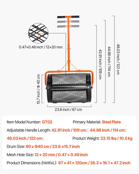 Heavy Duty Compost And Seed Spreader 24 Inch Wide Peat Moss Spreader With T Shaped Handle Adjustable Heights Diagram