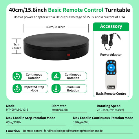 Heavy Duty Remote Controlled Motorized Turntable With Speed Adjustment For Professional 3D Scanning And Showcase Photography Rotating Platform That Handles Massive Loads Up To 400 Pounds Smoothly, 40cm diameter.