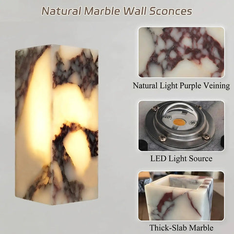 Marble Wall Sconce with Frosted Glass Globe and G4 LED (Rectangular) showcasing natural marble veining and LED fixture.