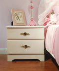 Euro Rose Floral Ivory Cabinet Knobs With Backplates Set Of 5 on bedroom dresser next to pink bed