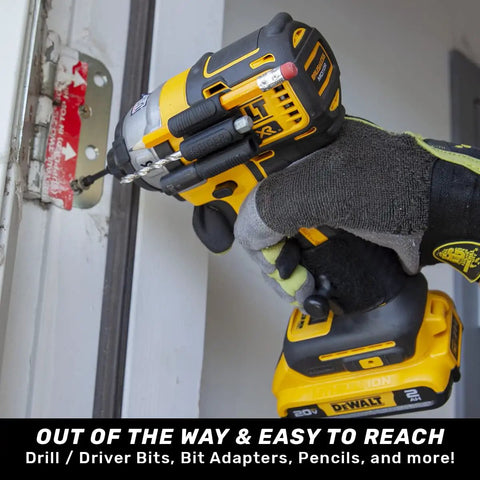 Worker using drill with BitGripper V2 Side Mount Drill Bit Holder Pack Of Four With Ultra Strong 3M Adhesive for easy bit access