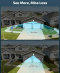 Comparison of 130° and 85° camera views on a garage, part of the 130 Degree Wide Angle Wireless Outdoor Security Camera System With Two Way Audio, WiFi Video Surveillance DVR Kit For Home And Yard, Weatherproof Cameras, Easy Setup And Real Time Alerts.