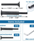 10 Pair Black Cable Railing Kit With Invisible One Eighth Inch Swage Tensioners And Hidden Thin Head Terminals In Stainless Steel For 2 By 2 And 4 By 4 Wood Posts Deck And Stairs Meets Code With Clean Hidden Ends, showing tensioner dimensions and included allen wrench.