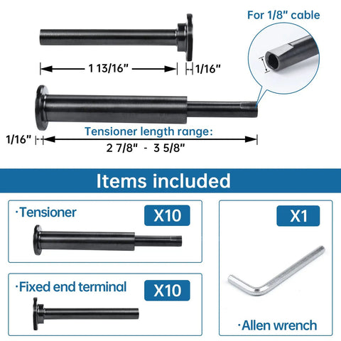 10 Pair Black Cable Railing Kit With Invisible One Eighth Inch Swage Tensioners And Hidden Thin Head Terminals In Stainless Steel For 2 By 2 And 4 By 4 Wood Posts Deck And Stairs Meets Code With Clean Hidden Ends, showing tensioner dimensions and included allen wrench.