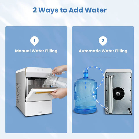 V2.0 Nugget Ice Maker Delivers Chewable Pebble Ice Fast On The Counter For Home Or Office Use With Self Cleaning And Energy Efficient Performance 38 Lbs Per Day Pellet Ice Machine Ideal Gift showing manual and automatic water filling options.