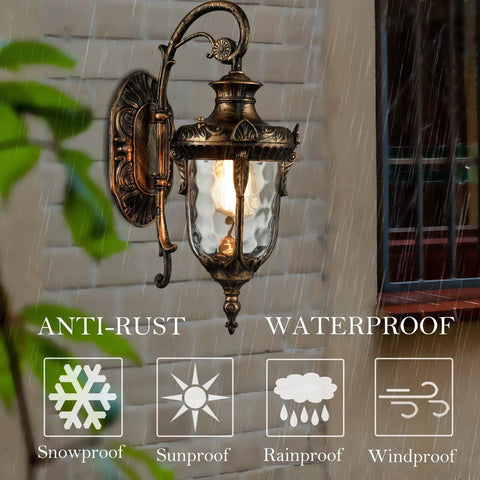 Bronze Outdoor Wall Light Fixture With Hammered Glass Shade, Weatherproof Exterior Sconce for front door, porch, or garage.